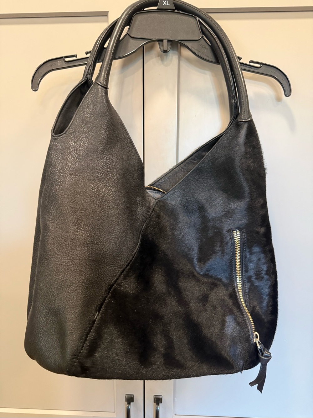 Overland Black Leather and Haircalf Shoulder Hobo Bag